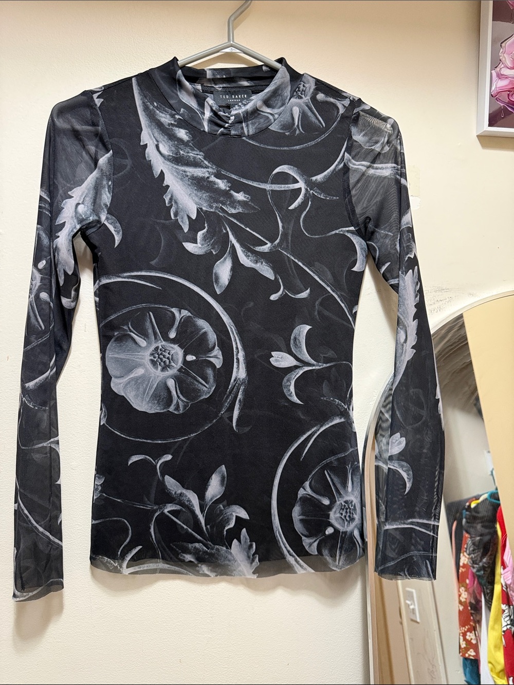 Ted Baker Black and White Floral-Print Long Sleeve Top